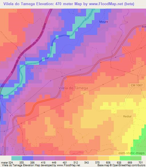 Vilela do Tamega,Portugal Elevation Map