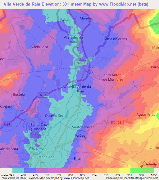 Vila Verde da Raia,Portugal Elevation Map