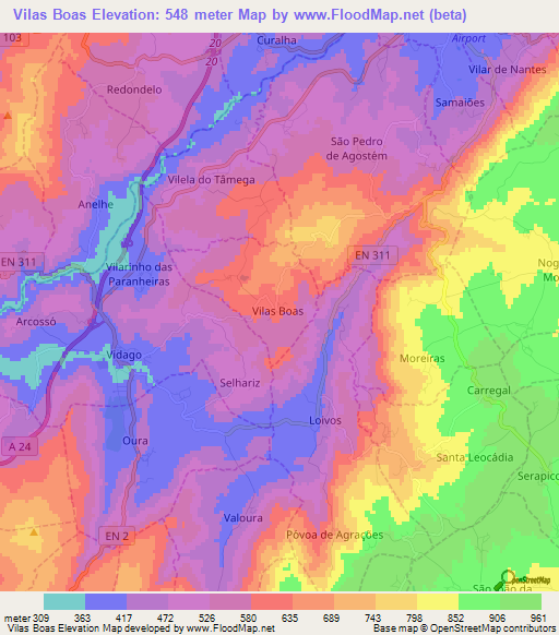 Vilas Boas,Portugal Elevation Map