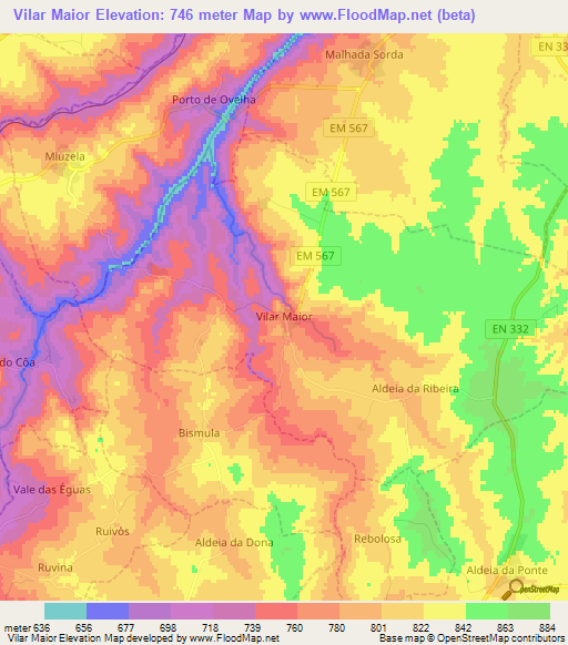 Vilar Maior,Portugal Elevation Map