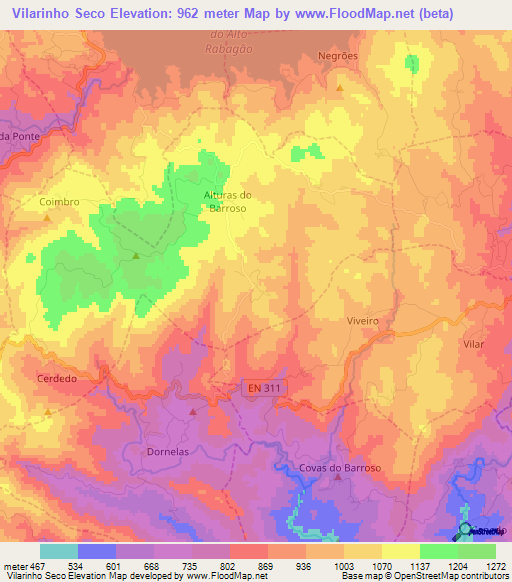 Vilarinho Seco,Portugal Elevation Map
