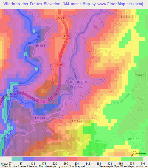 Vilarinho dos Freires,Portugal Elevation Map