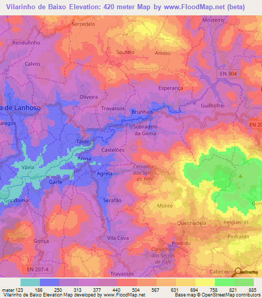 Vilarinho de Baixo,Portugal Elevation Map
