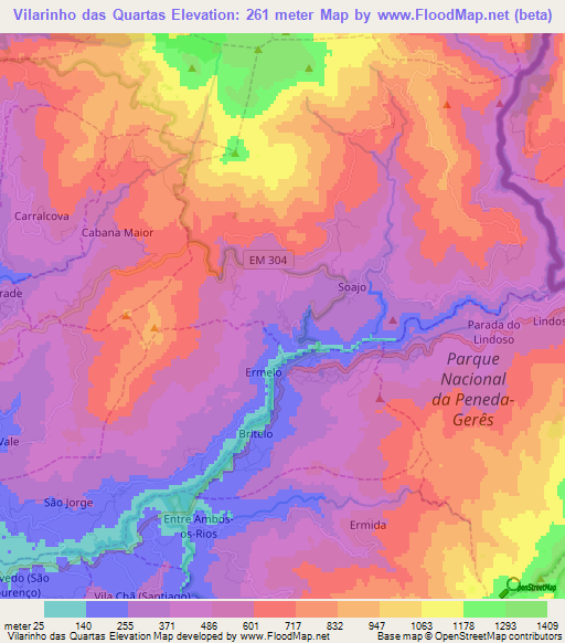 Vilarinho das Quartas,Portugal Elevation Map