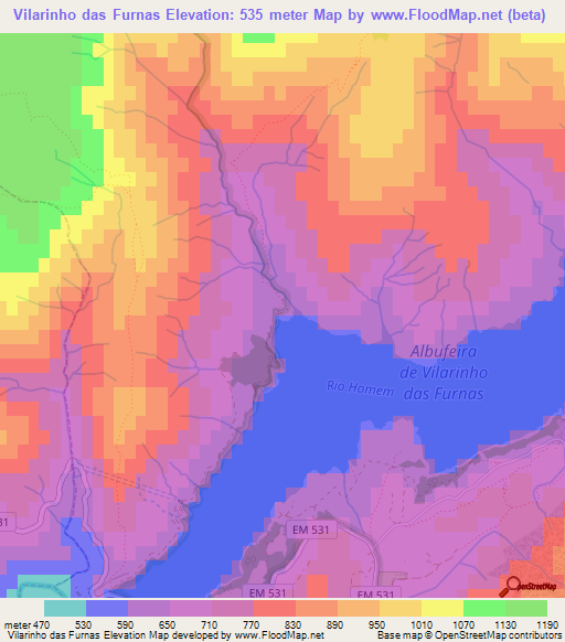Vilarinho das Furnas,Portugal Elevation Map