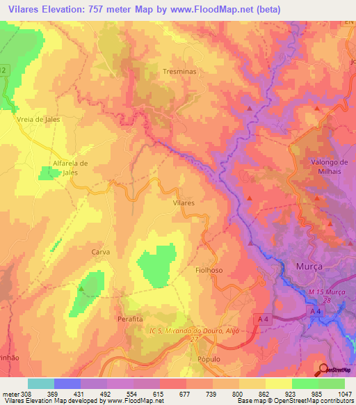 Vilares,Portugal Elevation Map