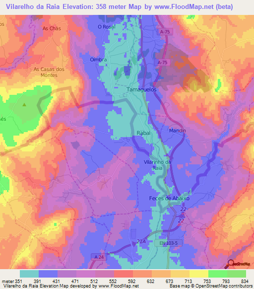 Vilarelho da Raia,Portugal Elevation Map