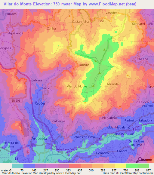 Vilar do Monte,Portugal Elevation Map