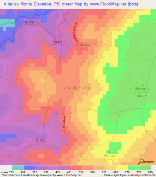 Vilar do Monte,Portugal Elevation Map