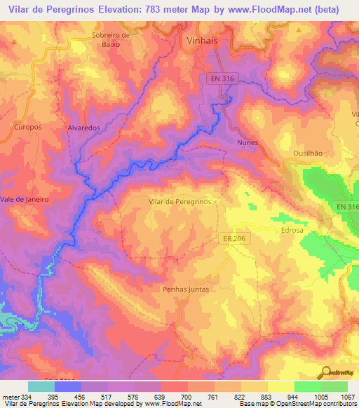 Vilar de Peregrinos,Portugal Elevation Map