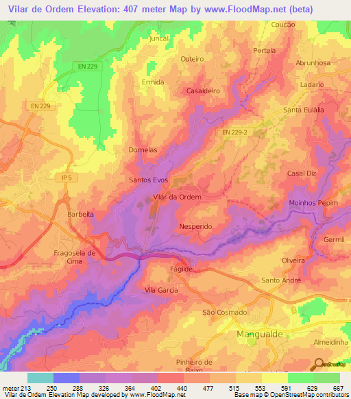 Vilar de Ordem,Portugal Elevation Map