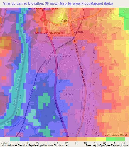 Vilar de Lamas,Portugal Elevation Map