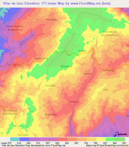 Vilar de Izeu,Portugal Elevation Map