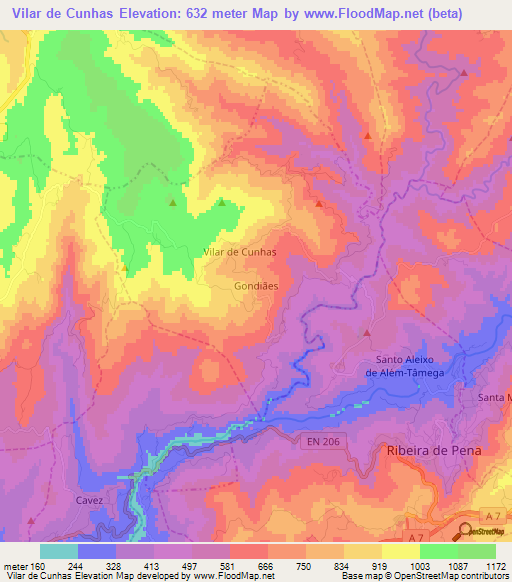 Vilar de Cunhas,Portugal Elevation Map