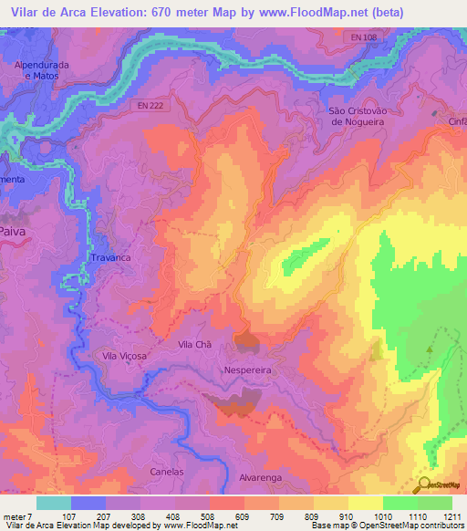 Vilar de Arca,Portugal Elevation Map