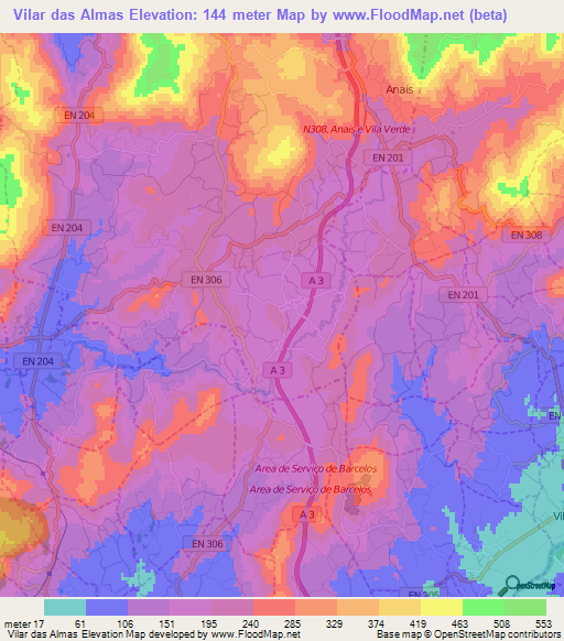 Vilar das Almas,Portugal Elevation Map