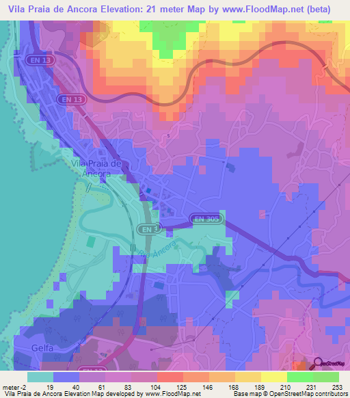Vila Praia de Ancora,Portugal Elevation Map