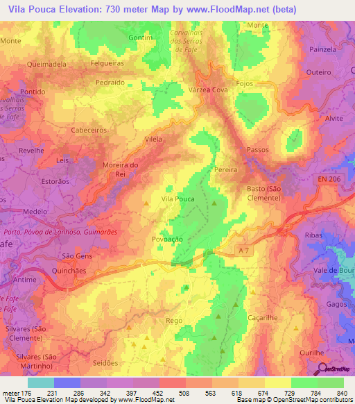 Vila Pouca,Portugal Elevation Map