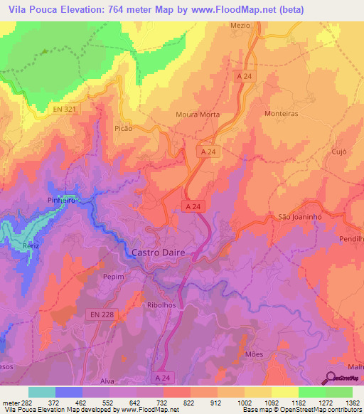 Vila Pouca,Portugal Elevation Map
