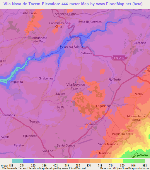 Vila Nova de Tazem,Portugal Elevation Map