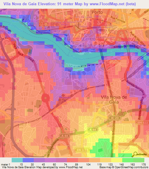Vila Nova de Gaia,Portugal Elevation Map