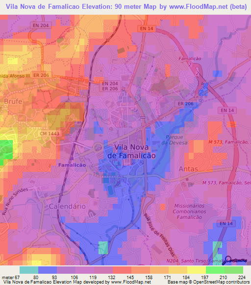 Vila Nova de Famalicao,Portugal Elevation Map