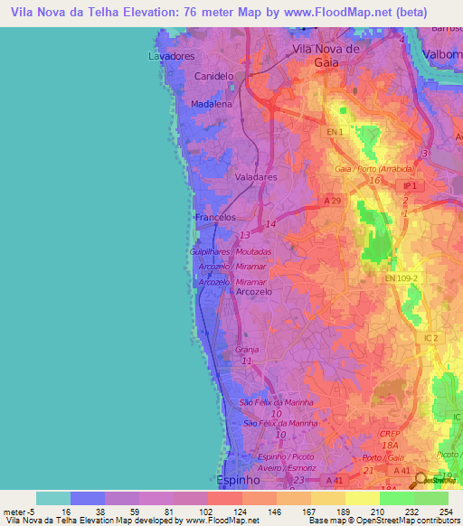 Vila Nova da Telha,Portugal Elevation Map