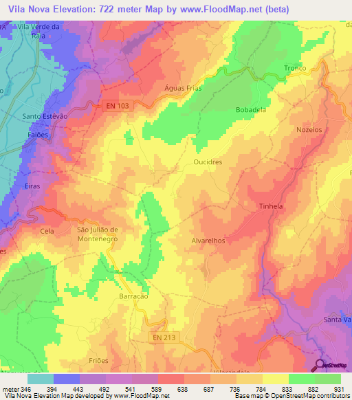 Vila Nova,Portugal Elevation Map