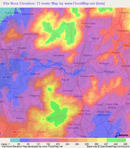 Vila Nova,Portugal Elevation Map