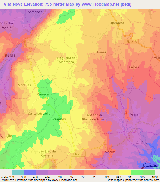 Vila Nova,Portugal Elevation Map