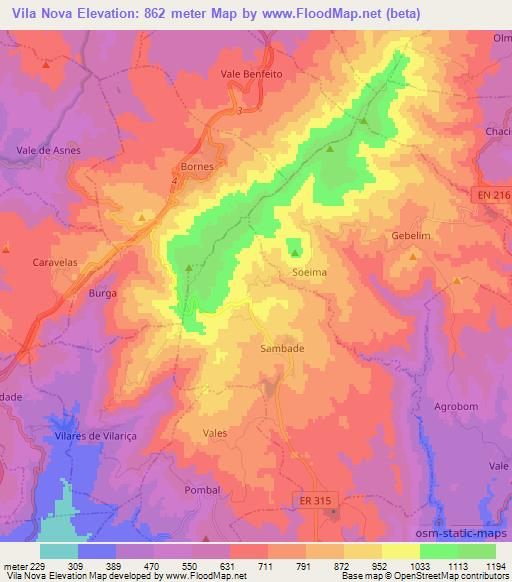 Vila Nova,Portugal Elevation Map