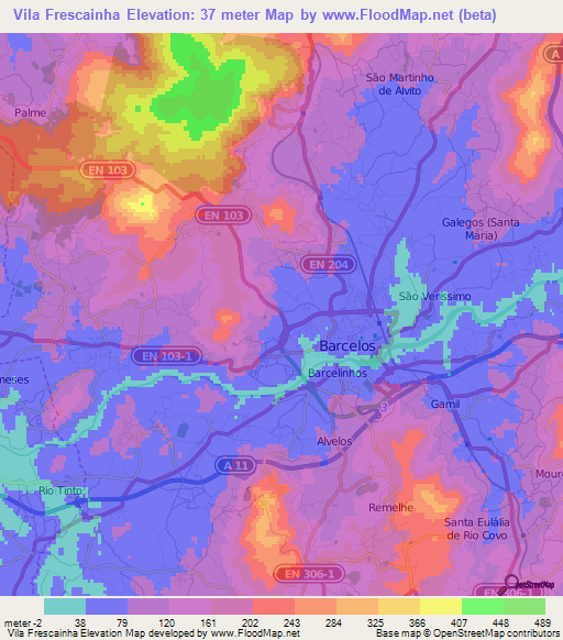 Vila Frescainha,Portugal Elevation Map