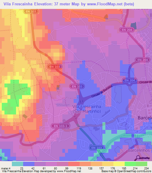 Vila Frescainha,Portugal Elevation Map