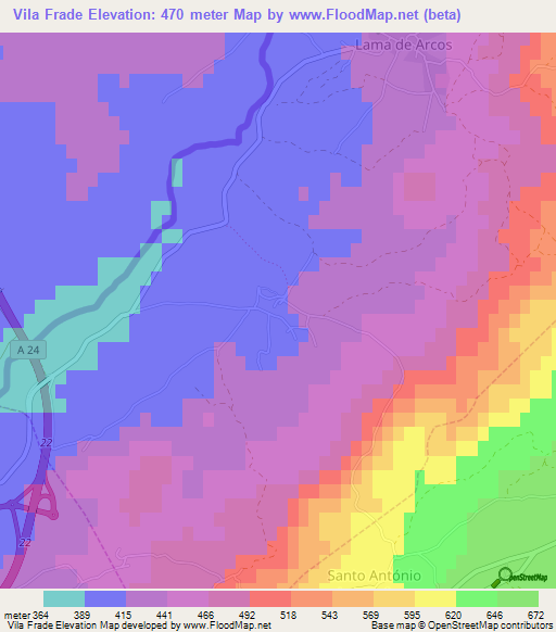 Vila Frade,Portugal Elevation Map