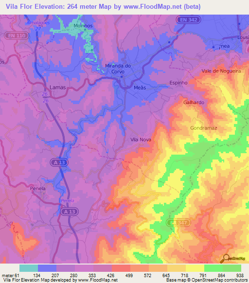 Vila Flor,Portugal Elevation Map