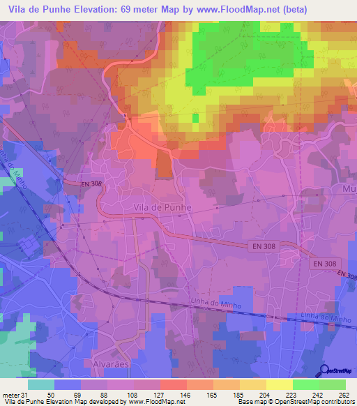 Vila de Punhe,Portugal Elevation Map