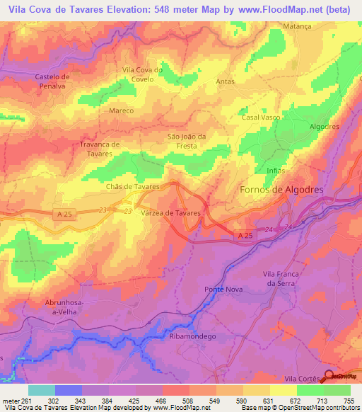Vila Cova de Tavares,Portugal Elevation Map