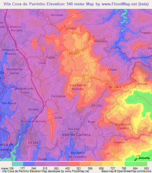 Vila Cova de Perrinho,Portugal Elevation Map
