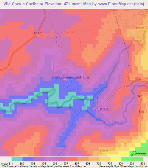 Vila Cova a Coelheira,Portugal Elevation Map