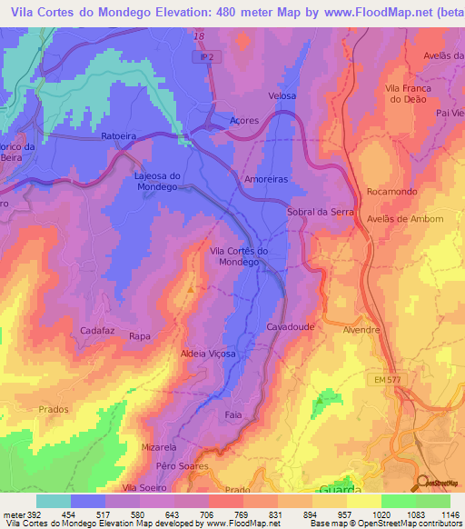 Vila Cortes do Mondego,Portugal Elevation Map