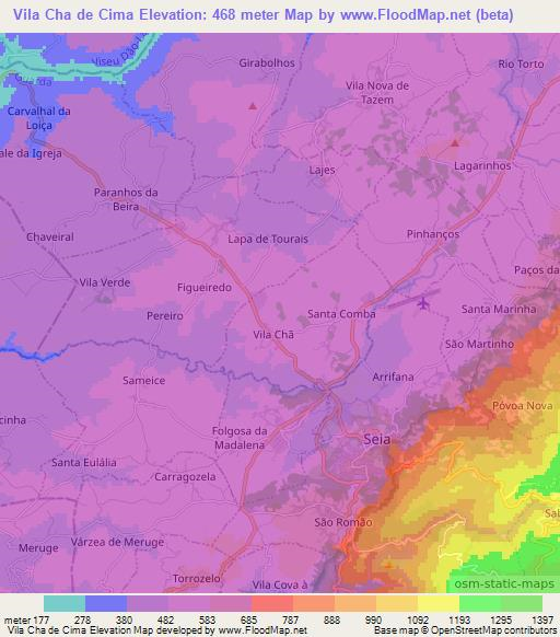 Vila Cha de Cima,Portugal Elevation Map