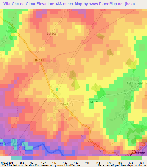 Vila Cha de Cima,Portugal Elevation Map