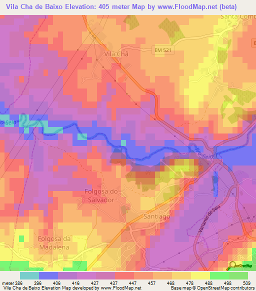 Vila Cha de Baixo,Portugal Elevation Map
