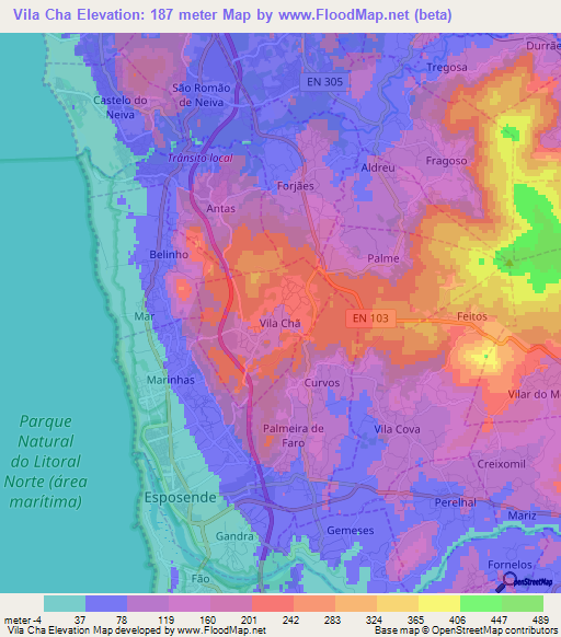 Vila Cha,Portugal Elevation Map