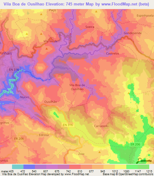 Vila Boa de Ousilhao,Portugal Elevation Map