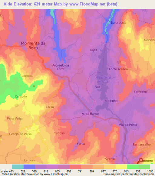 Vide,Portugal Elevation Map
