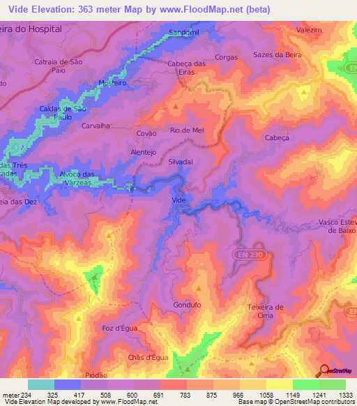 Vide,Portugal Elevation Map