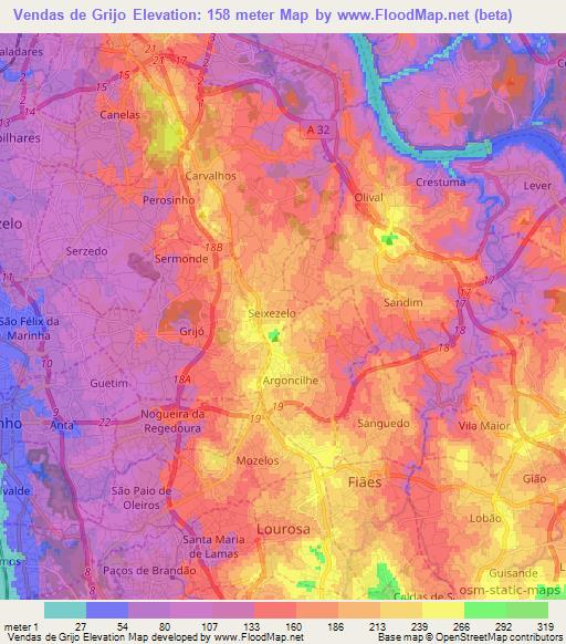 Vendas de Grijo,Portugal Elevation Map