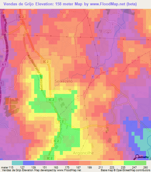 Vendas de Grijo,Portugal Elevation Map