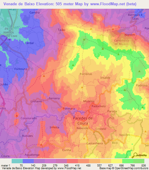 Venade de Baixo,Portugal Elevation Map